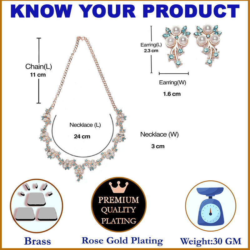 Rose Gold-Plated Blue Cubic Zirconia & White Pearls Studded Jewellery Set