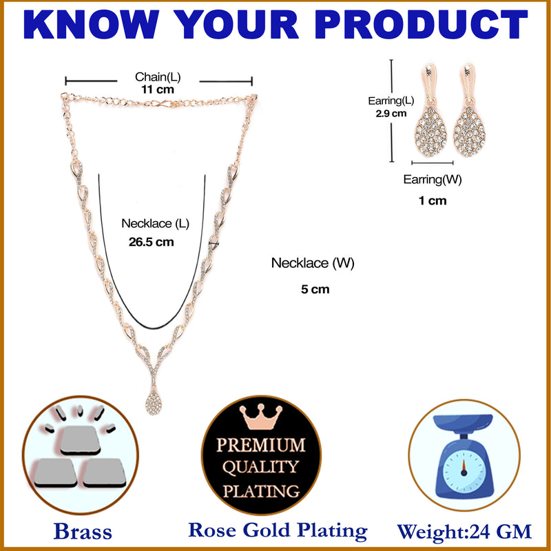 Rose Gold-Plated White Cubic Zirconia Studded Teardrop Shaped Necklace with Earrings Jewellery Set
