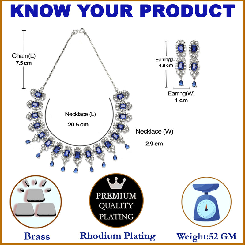 Rhodium-Plated Navy Blue American Diamonds Studded Teardrop & Cubical Necklace & Earrings Jewellery Set
