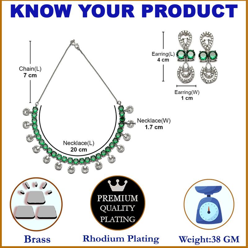Rhodium-Plated Green American Diamonds Studded Contemporary Necklace & Earrings Jewellery Set
