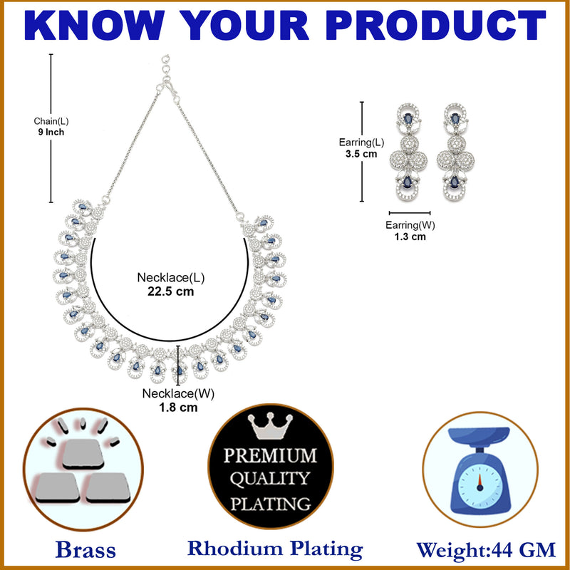Rhodium-Plated Navy Blue American Diamonds Studded Voguish Necklace & Earrings Jewellery Set