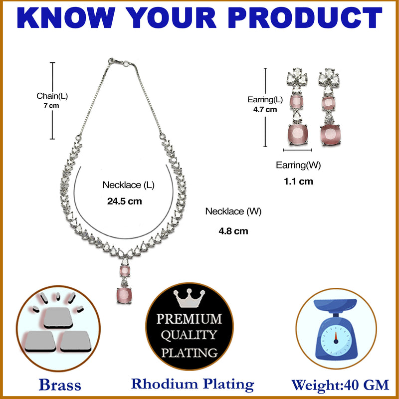 Rhodium-Plated Pink Square American Diamonds Studded Pendulous Necklace & Earrings Jewellery Set