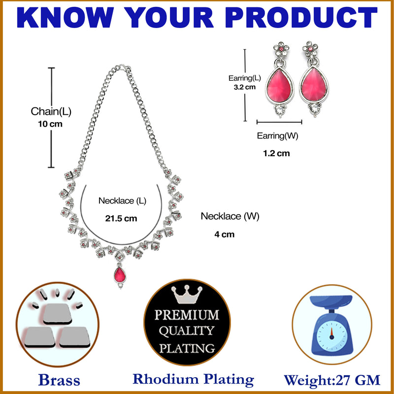 Silver-Plated Pink Cubic Zirconia Studded Teardrop Shaped Necklace with Earrings Jewellery Set