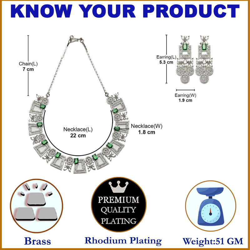 Rhodium-Plated Green & White American Diamonds Studded Squarish Shaped Necklace & Earrings Jewellery Set