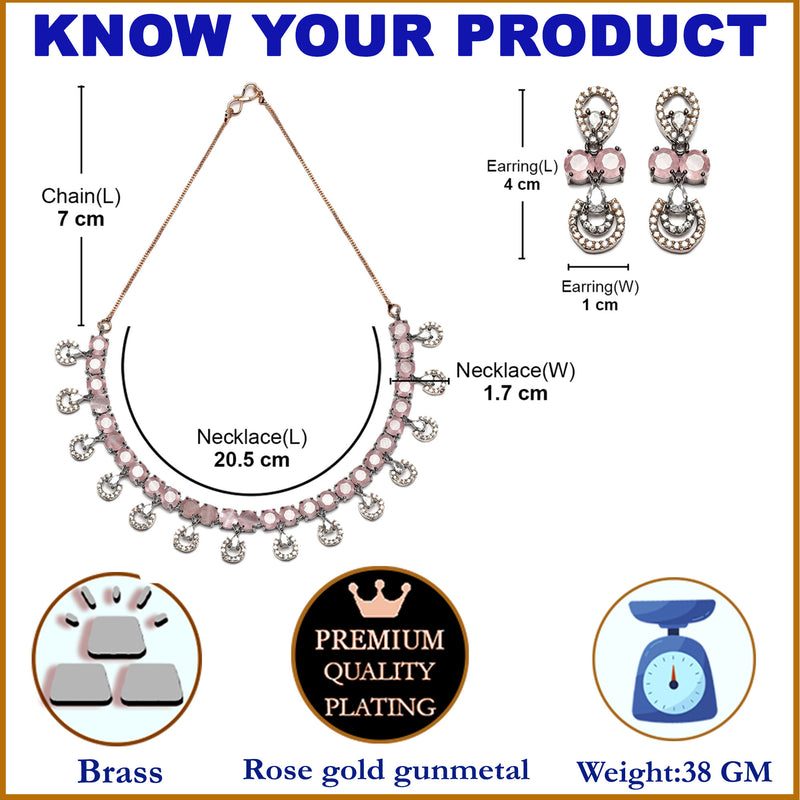 Rose Gold-Plated Gunmetal Toned Pink American Diamonds Studded Contemporary Necklace & Earrings Jewellery Set