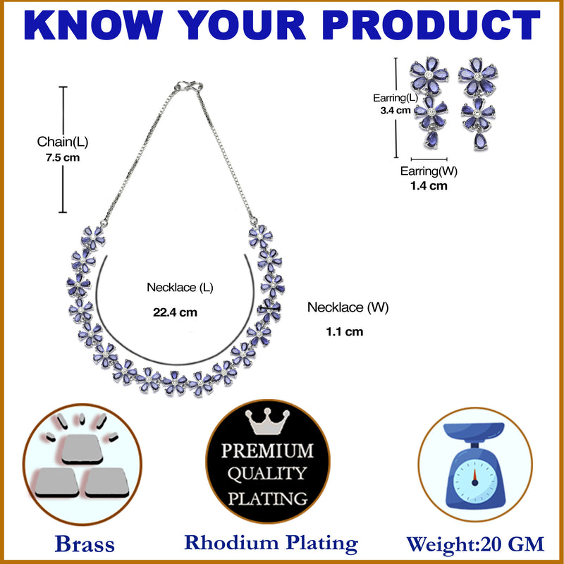 Rhodium-Plated Navy Blue American Diamonds Studded Floral Necklace & Earrings Jewellery Set