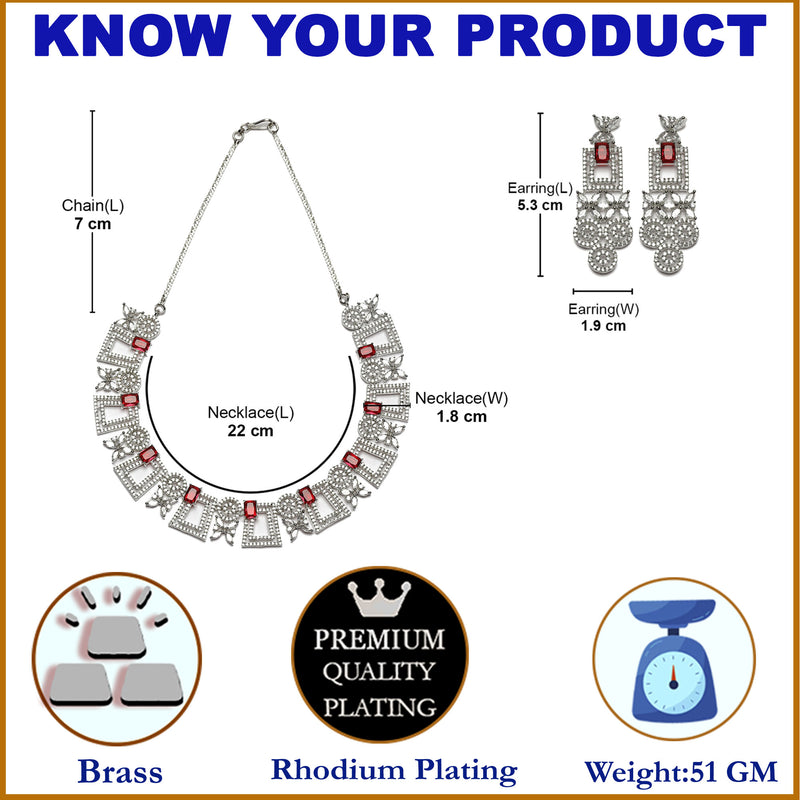 Rhodium-Plated Red & White American Diamonds Studded Squarish Shaped Necklace & Earrings Jewellery Set