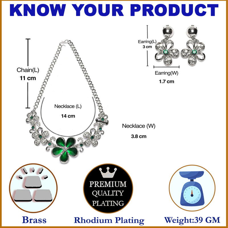 Rhodium-Plated Green American Diamonds Studded Floweret Necklace & Earrings Jewellery Set