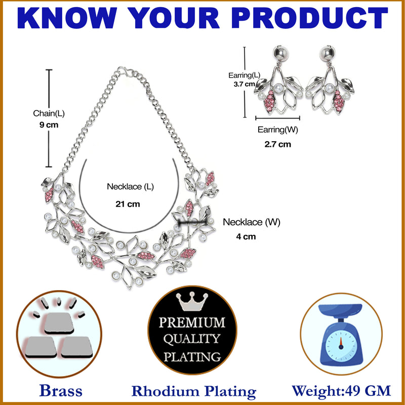 Silver-Plated Pink Cubic Zirconia & White Pearls Studded Leaf Shaped Necklace with Earrings Jewellery Set