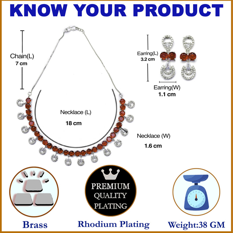 Rhodium-Plated Red American Diamonds Studded Contemporary Necklace & Earrings Jewellery Set