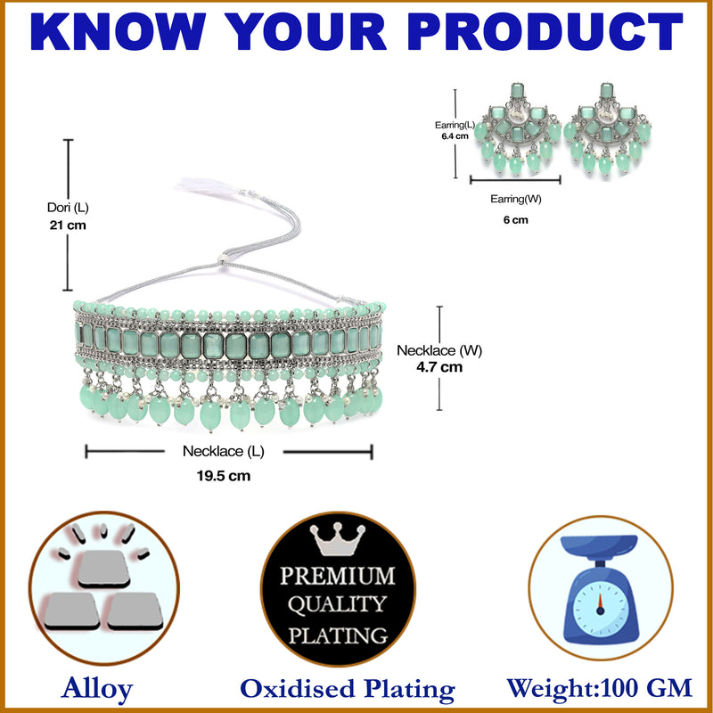 Silver-Plated Sea Green Cubic Zirconia Studded Necklace with Earrings Jewellery Set