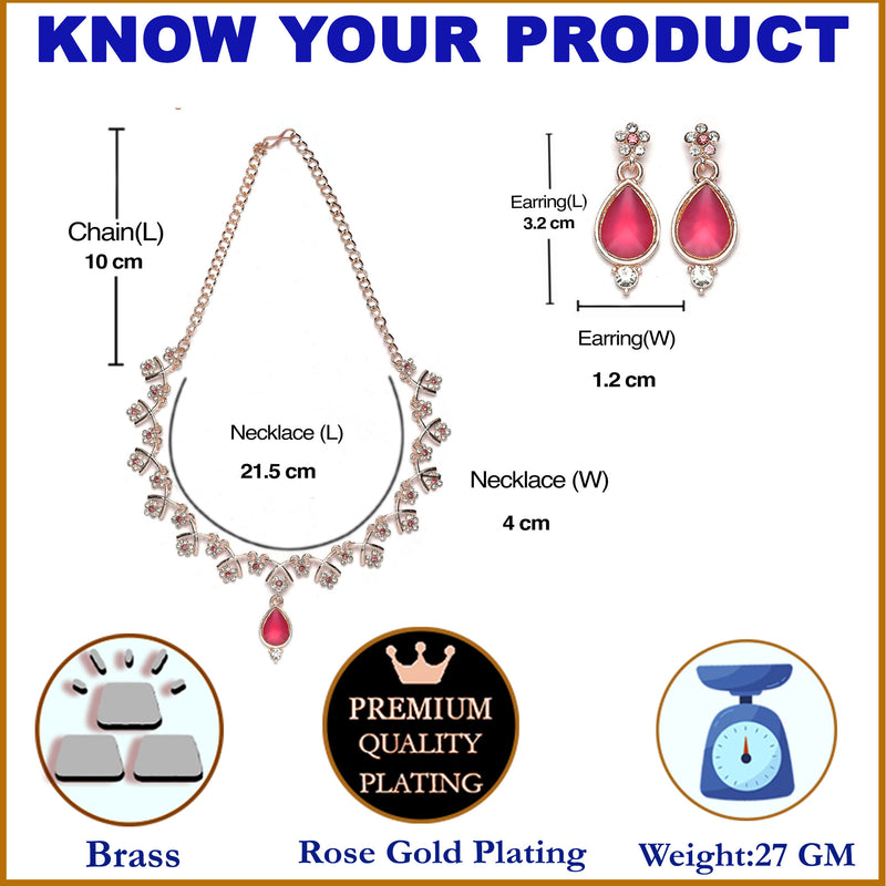 Rose Gold-Plated Pink Cubic Zirconia Studded Teardrop Shaped Necklace with Earrings Jewellery Set