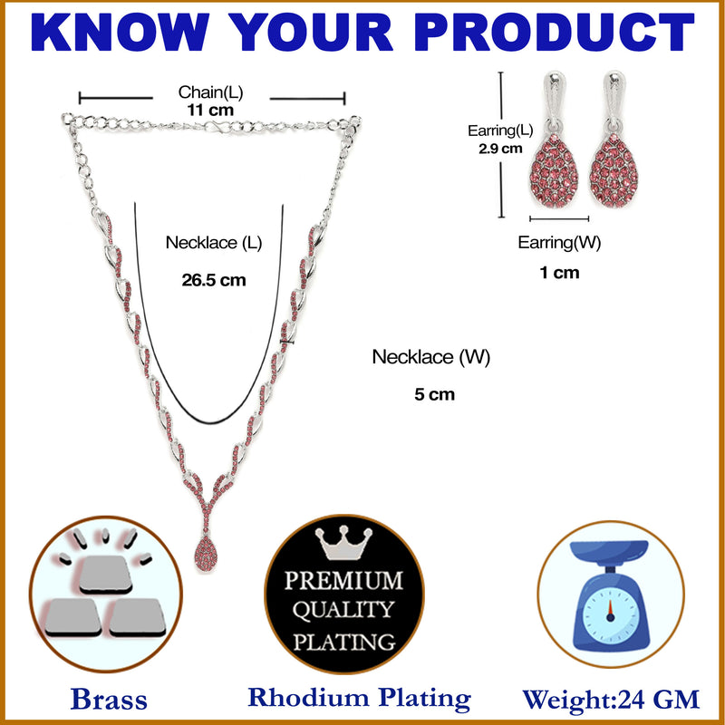 Silver-Plated Pink & White Cubic Zirconia Studded Teardrop Shaped Necklace with Earrings Jewellery Set