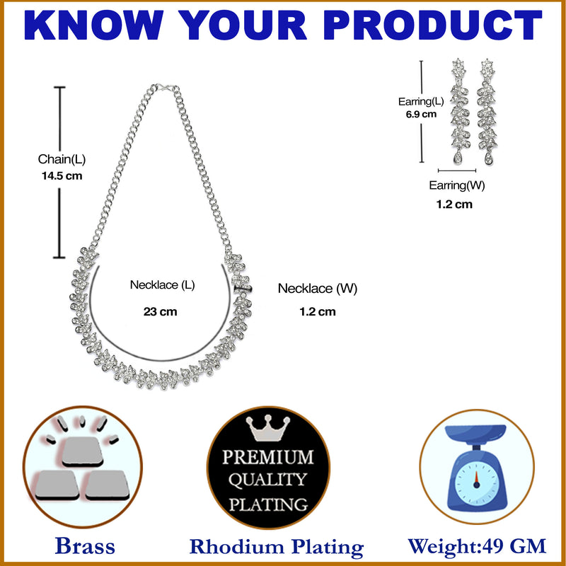 Rhodium-Plated White Cubic Zirconia Studded Leafy Shaped Necklace with Earrings Jewellery Set