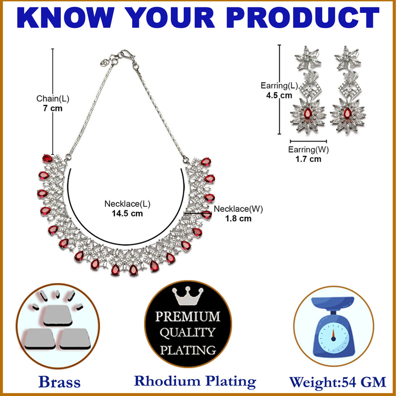 Rhodium-Plated Red & White Dribble Shape American Diamonds Studded Necklace & Earrings Jewellery Set