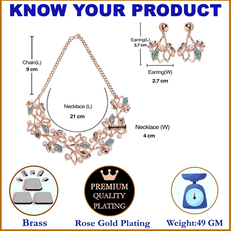 Rose Gold-Plated Blue Cubic Zirconia & White Pearls Studded Leaf Shaped Necklace with Earrings
