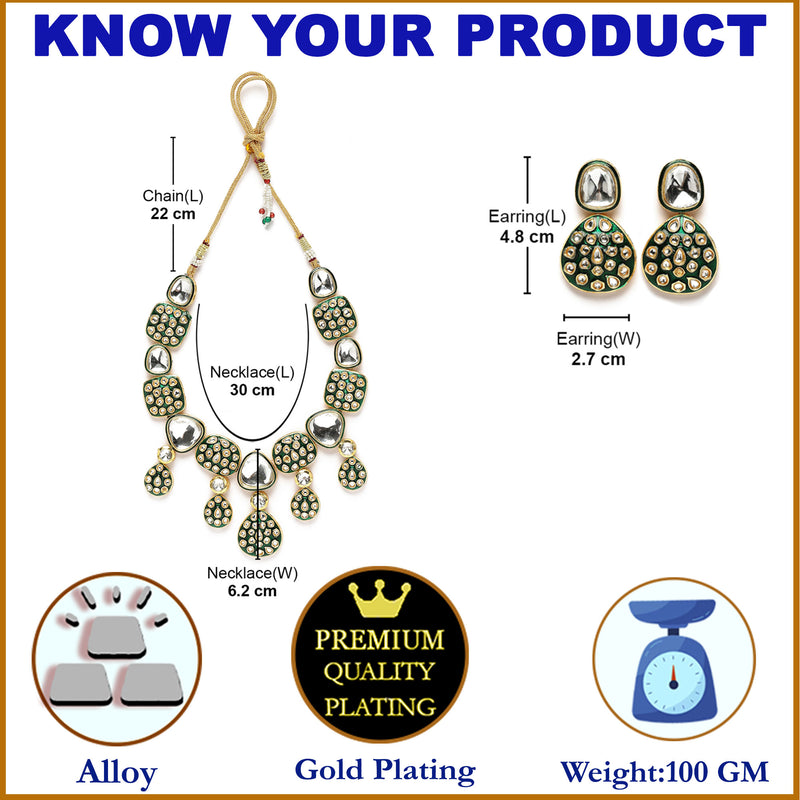 Gold-Plated Kundan Studded Green Enamelled Necklace With Earrings Jewellery Set