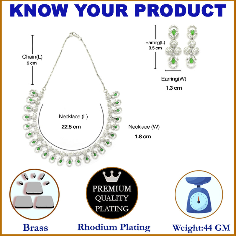 Rhodium-Plated Green American Diamonds Studded Voguish Necklace & Earrings Jewellery Set