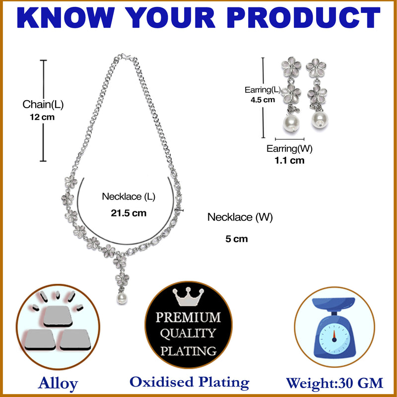 Rhodium-Plated Pink American Diamond & White Pearl Studded Floral Necklace & Earrings Jewellery Set