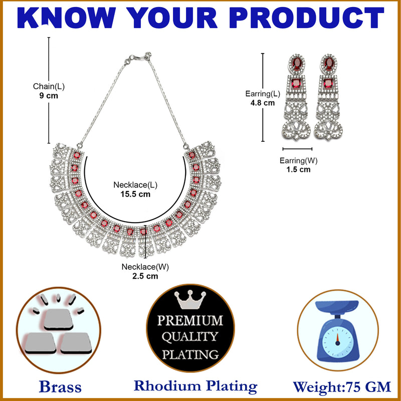 Rhodium-Plated Red & White American Diamonds Studded Choker Necklace & Earrings Jewellery Set