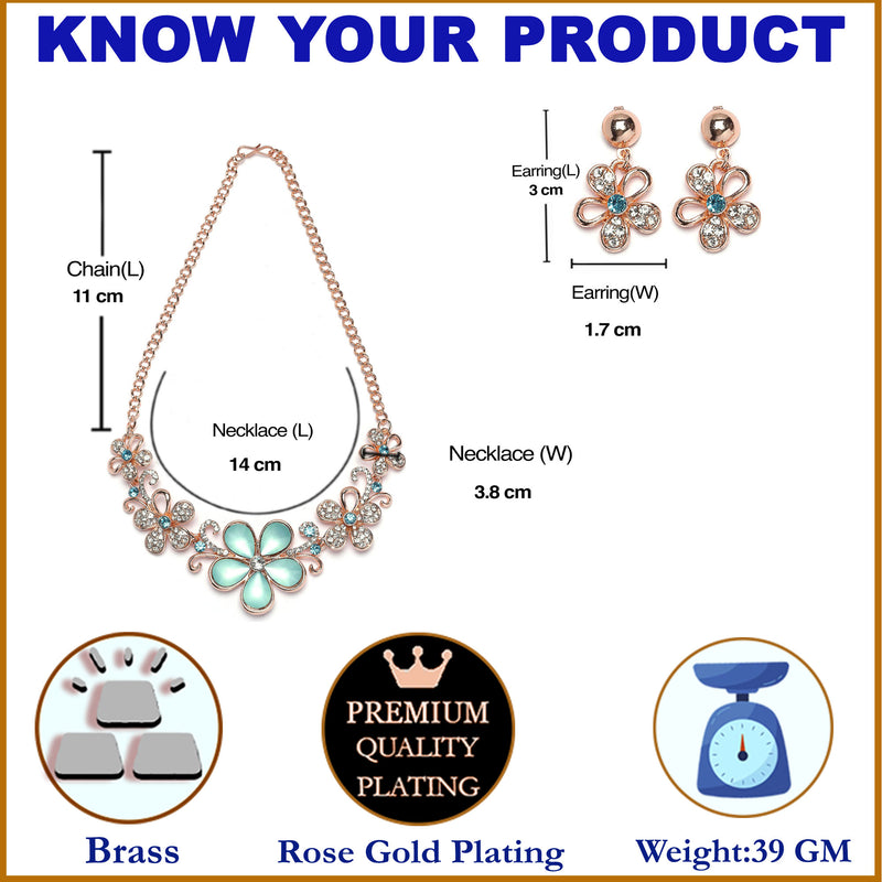Rose Gold-Plated Sea Green American Diamonds Studded Floweret Necklace & Earrings Jewellery Set