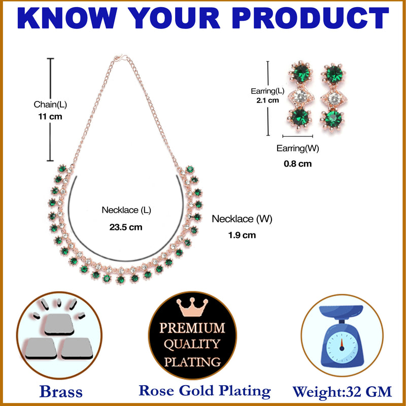 Rose Gold-Plated Green & White American Diamond Studded Star Shaped Necklace with Earrings Jewellery Set