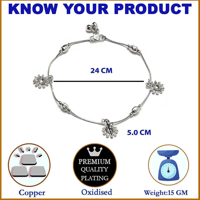 Rhodium Plated Silver Toned Flower Shaped White Cubic Zirconia Stone Studded Charm Anklets