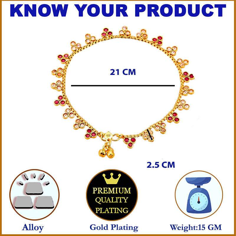 Gold-Plated Floral Red Cubic Zirconia Stone Studded Anklets