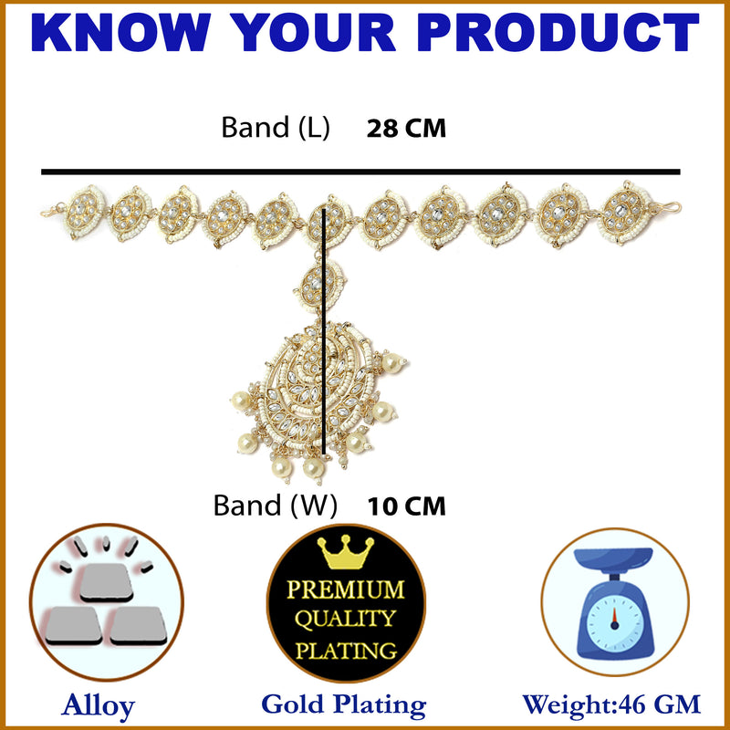 Gold-Plated Round White Kundan studded Crescent Shaped Sheeshphool