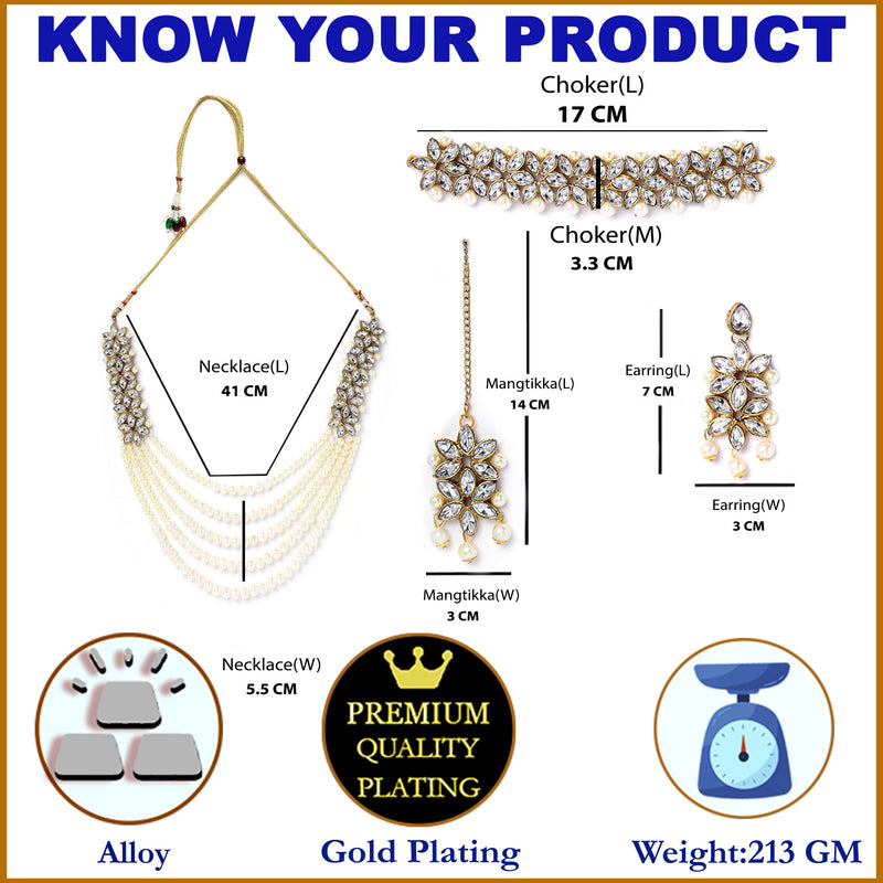 Flower Shaped Gold-Plated & White Kundan-Studded Five Layered Jewellery Set Combo