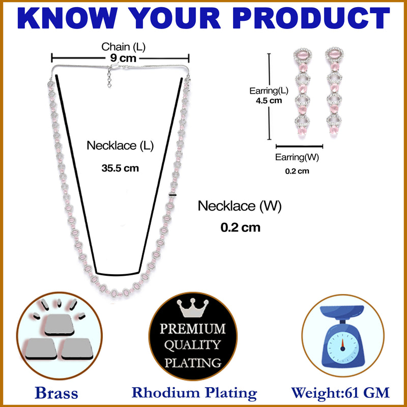 Rhodium-Plated Silver Toned Oval Pink American Diamond Long Necklace with Drop Earrings Jewellery Set
