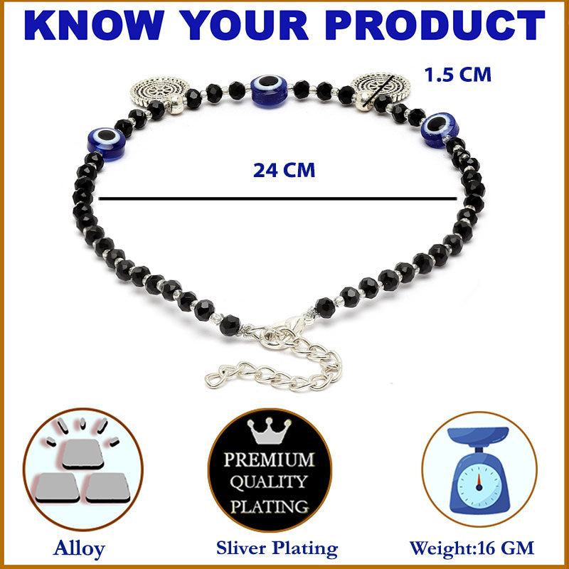 Rhodium Plated Silver Toned White Cubic Zirconia Stone Evil Eye Studded Charm Anklets