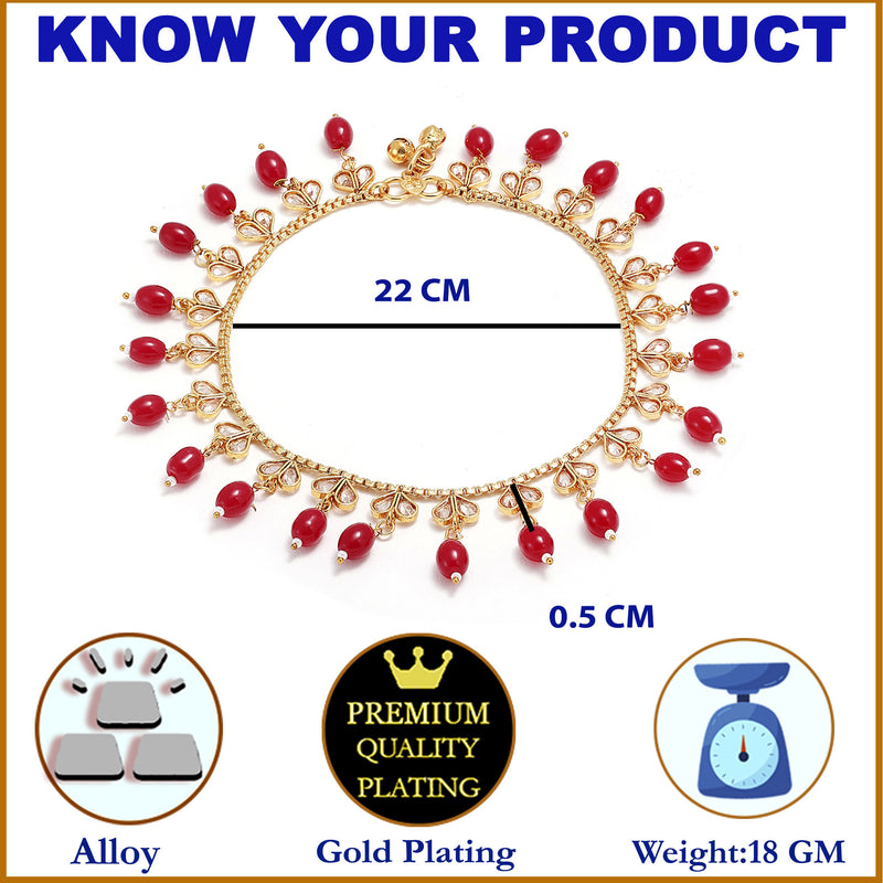 Gold Plated Round Shaped Red Kundan Studded Anklets Set Of 2