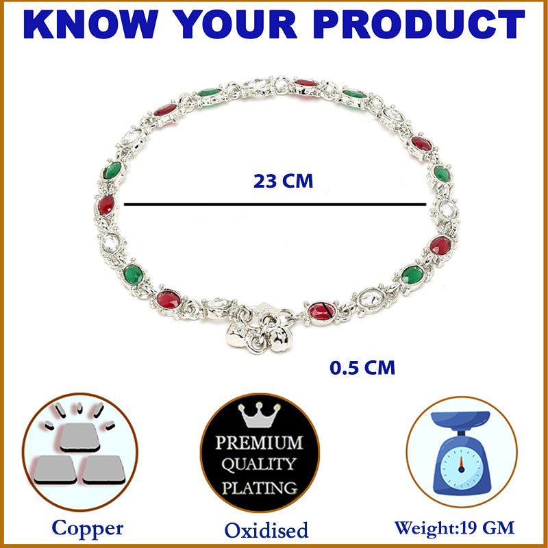 Rhodium Plated Silver Toned Oval Shaped Red & Green Cubic Zirconia studded Anklets