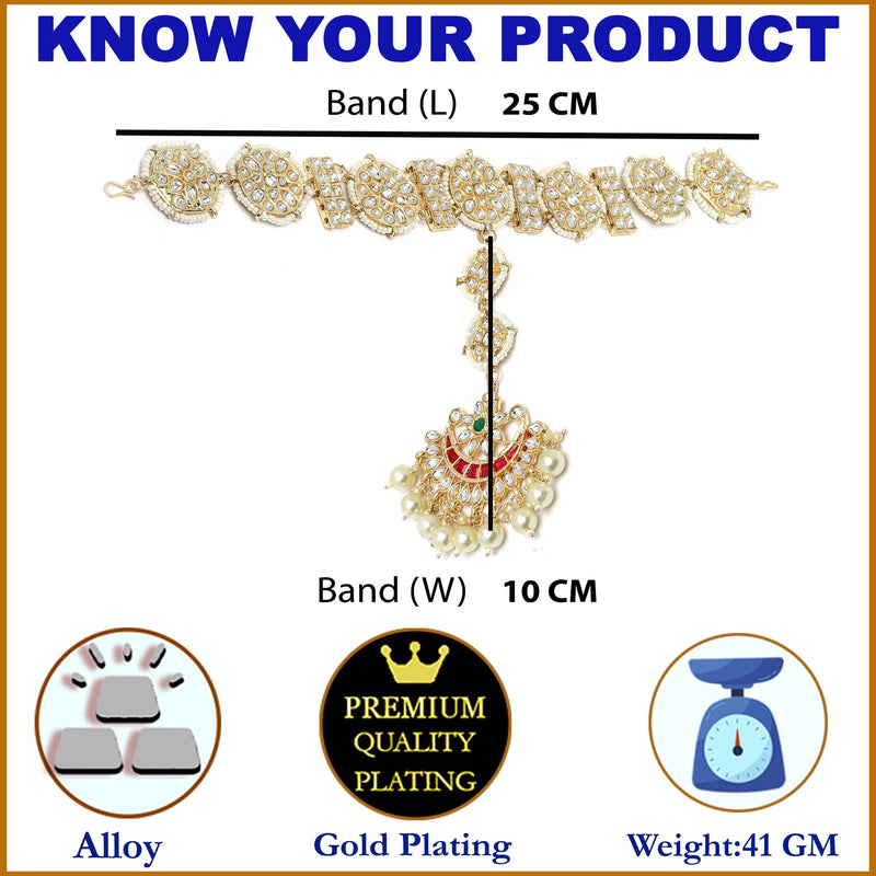 Gold-Plated Round & Rectangular White Kundan studded Crescent Shaped Sheeshphool