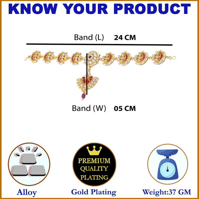 Gold-Plated Red Kundan studded Crescent Shaped Sheeshphool