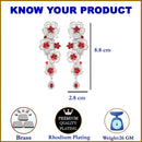 Rhodium-Plated Red & White American Diamond studded Floral Chandelier Drop Earrings