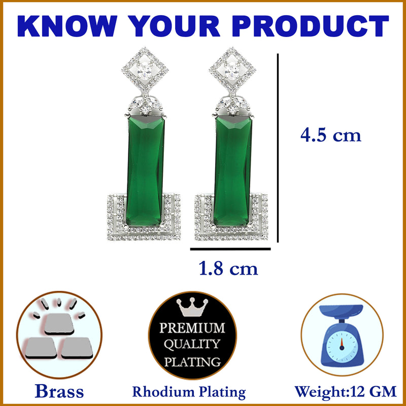 Rhodium-Plated Green American Diamond studded Rectangular Shaped Drop Earrings