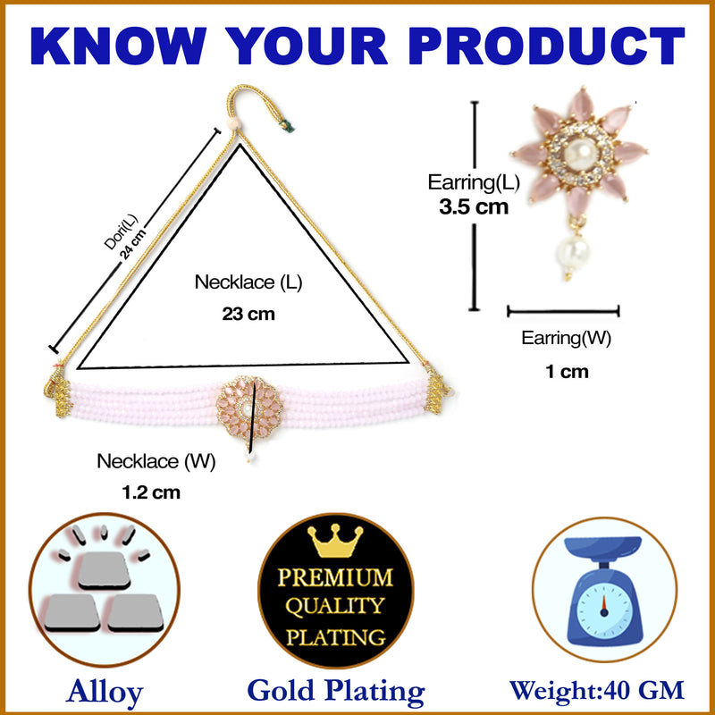 Multi-String Gold-Plated Pink & White Kundan Studded & Beaded Floral Shaped Choker Jewellery Set