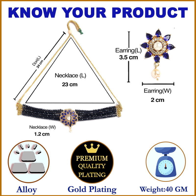 Floral Gold-Plated Navy Blue & White American Diamond Studded & Beaded Jewellery Set