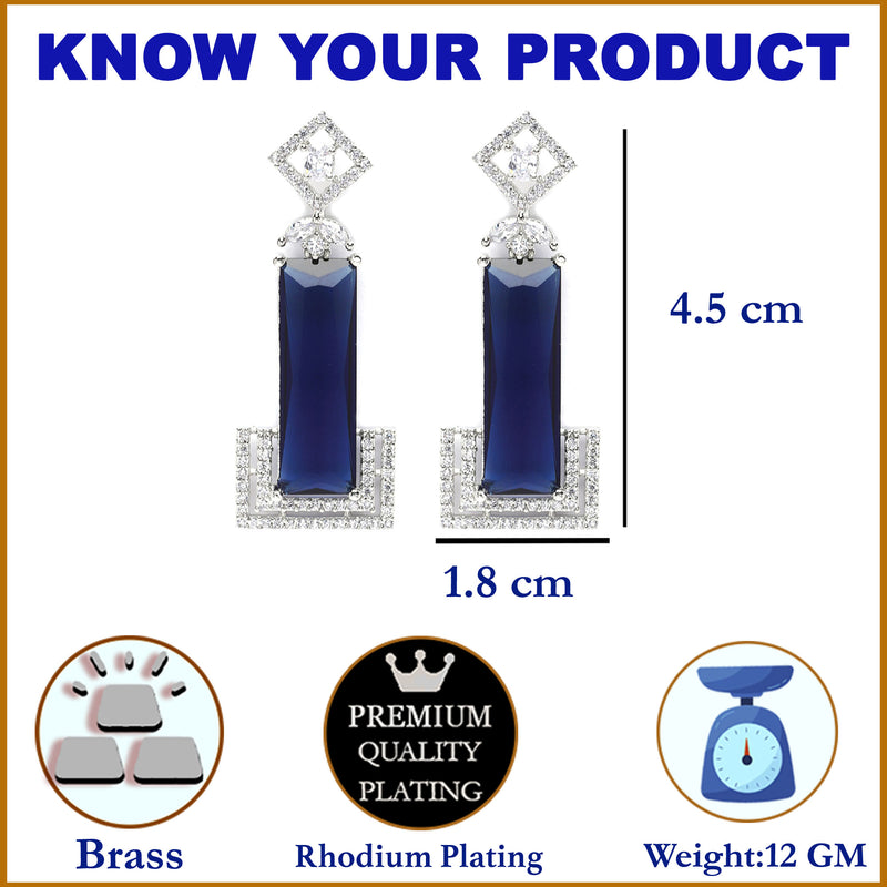 Rhodium-Plated Navy Blue American Diamond studded Rectangular Shaped Drop Earrings