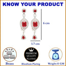 Rhodium-Plated Red American Diamond studded Square Shaped Handcrafted Drop Earrings