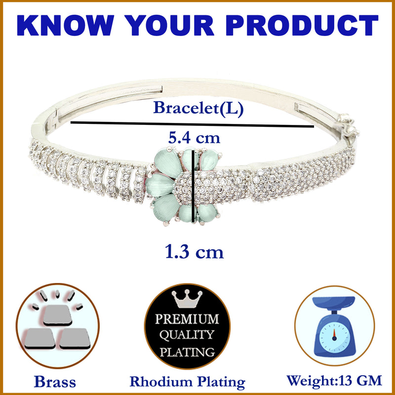 Rhodium-Plated Silver Toned Petal Shaped Sea Green American Diamond Studded Bracelet