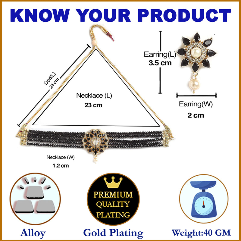 Multi-String Choker Gold-Plated Black & White AD-Studded & Beaded Jewellery Set