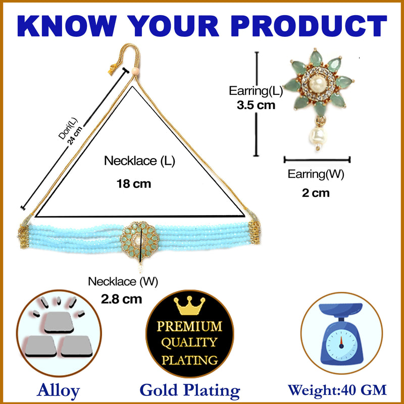 Teal Blue & Turquoise Blue Gold-Plated American Diamond Studded & Beaded Multistrand Necklace Set