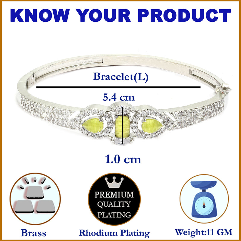 Rhodium-Plated Silver Toned Teardrop & Square Shaped Light Green American Diamond Studded Bracelet