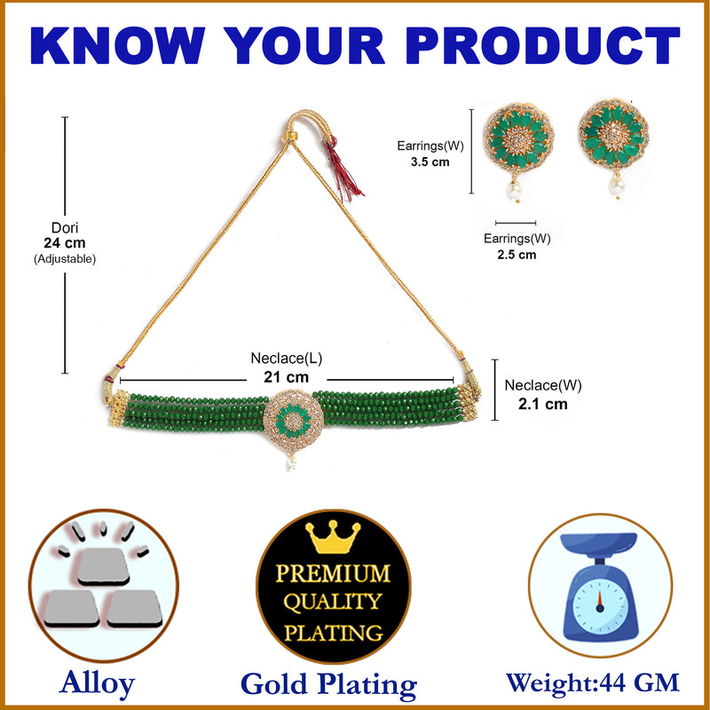 Green American Diamond Gold-Plated Studded Beaded Choker Necklace with Earring Fashion Jewellery Set