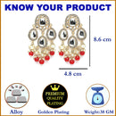 Gold-Plated Kundan & Red Pearls studded Teardrop Shaped Mirror Drop Earrings