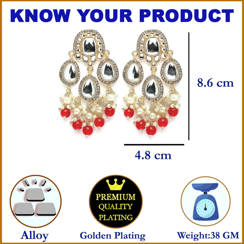Gold-Plated Kundan & Red Pearls studded Teardrop Shaped Mirror Drop Earrings