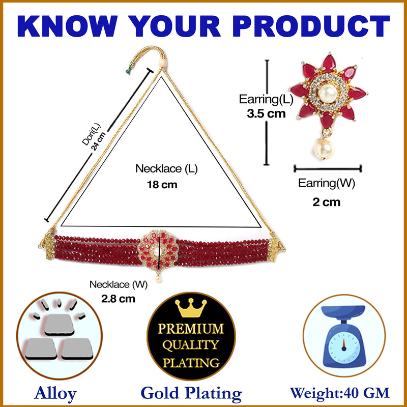 Gold-Toned Red & White American Diamond-Studded & Beaded Choker Jewellery Set